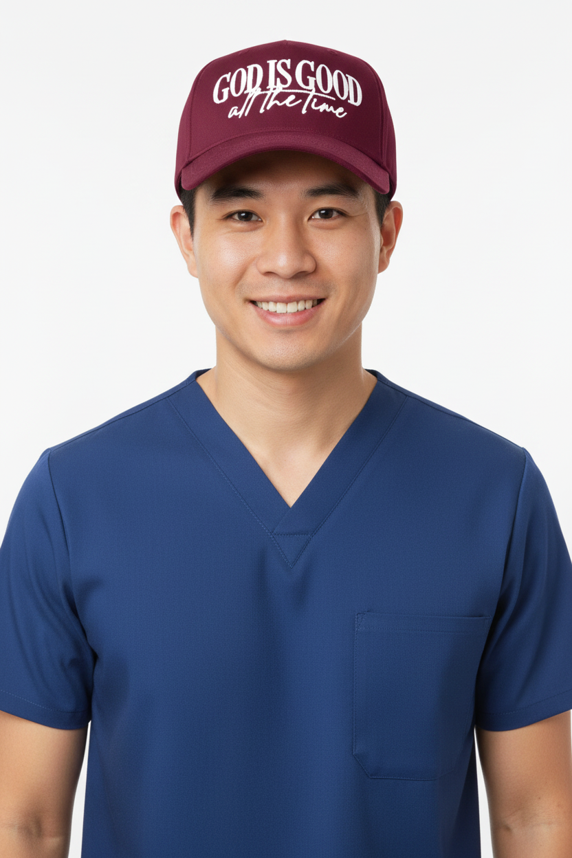 God Is Good hat - Asian male nurse model